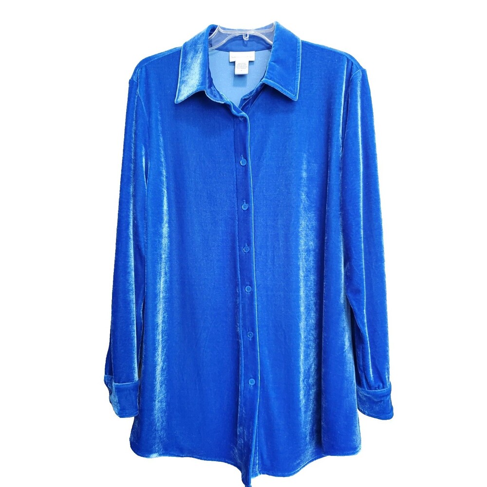 Soft Surroundings Blue Velvet Boyfriend Long Sleeve Button-Up Tunic Size Medium